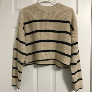 ONLY Stripes Cropped Crew Neck Sweater L Beige Brown Long Sleeve Ribbed